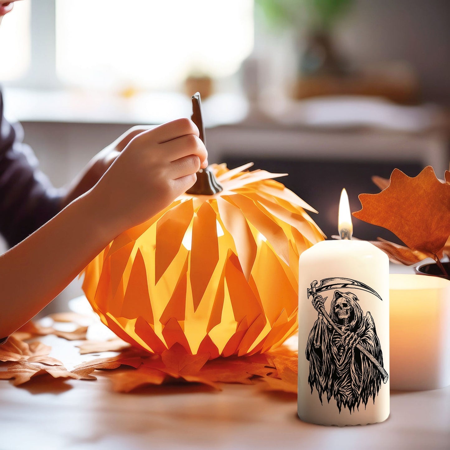 Personalisierte Sensenmann-Kerze als Halloween-Lichtakzent