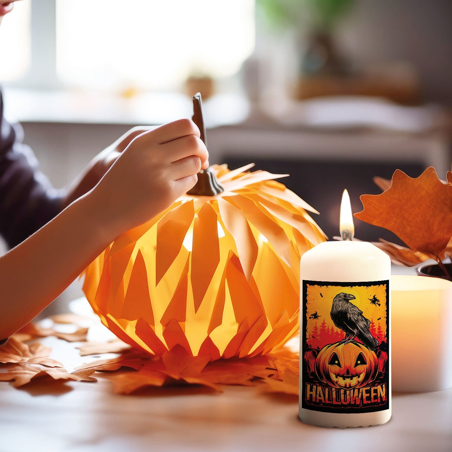 Halloween-Kerze mit Rabe und Kürbis als Tischdekoration