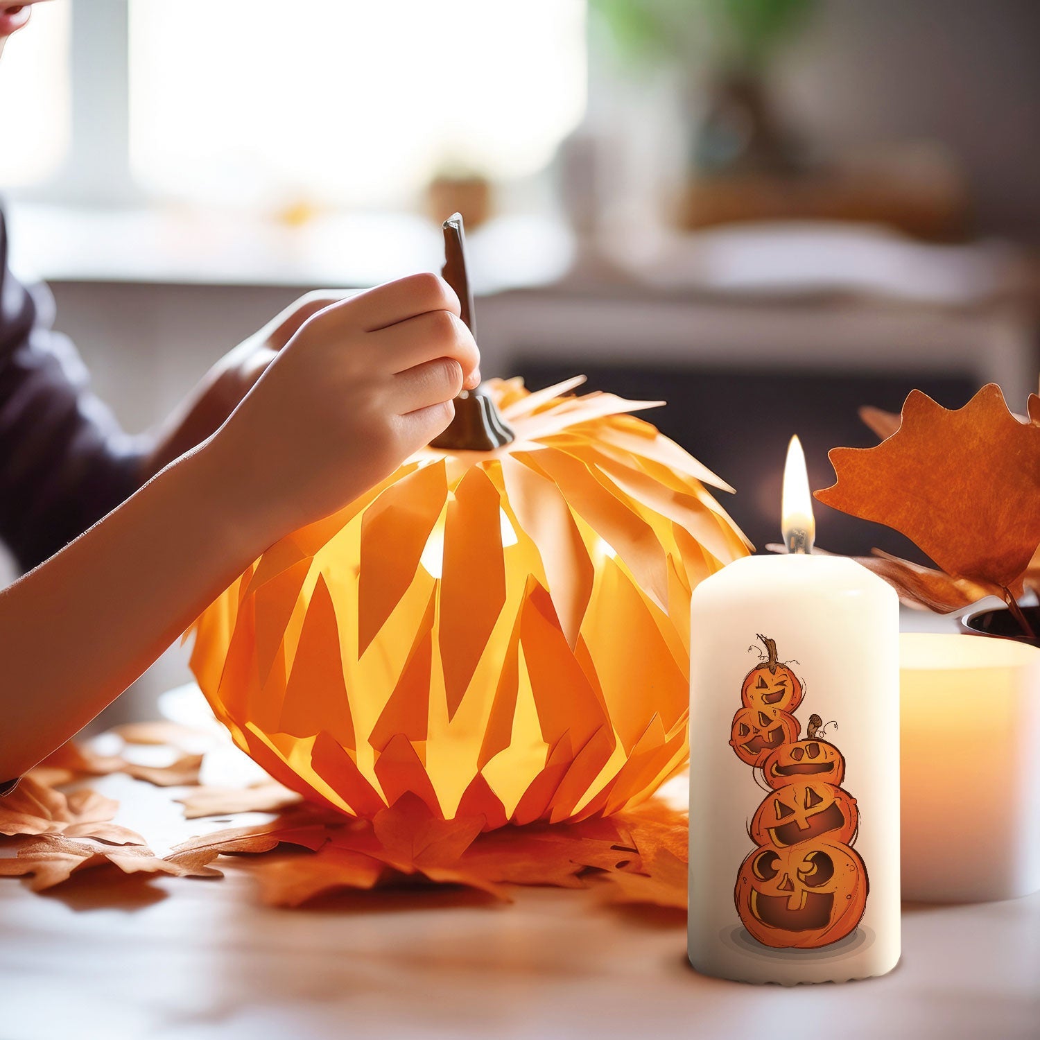 Halloween Kürbis-Kerze als warmer Lichtakzent auf dem Tisch