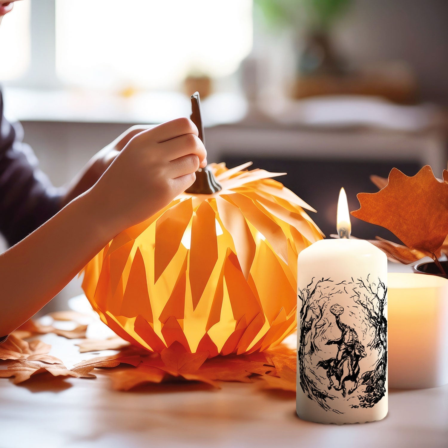 Personalisierte Halloween-Kerze Kopfloser Reiter als Lichtakzent