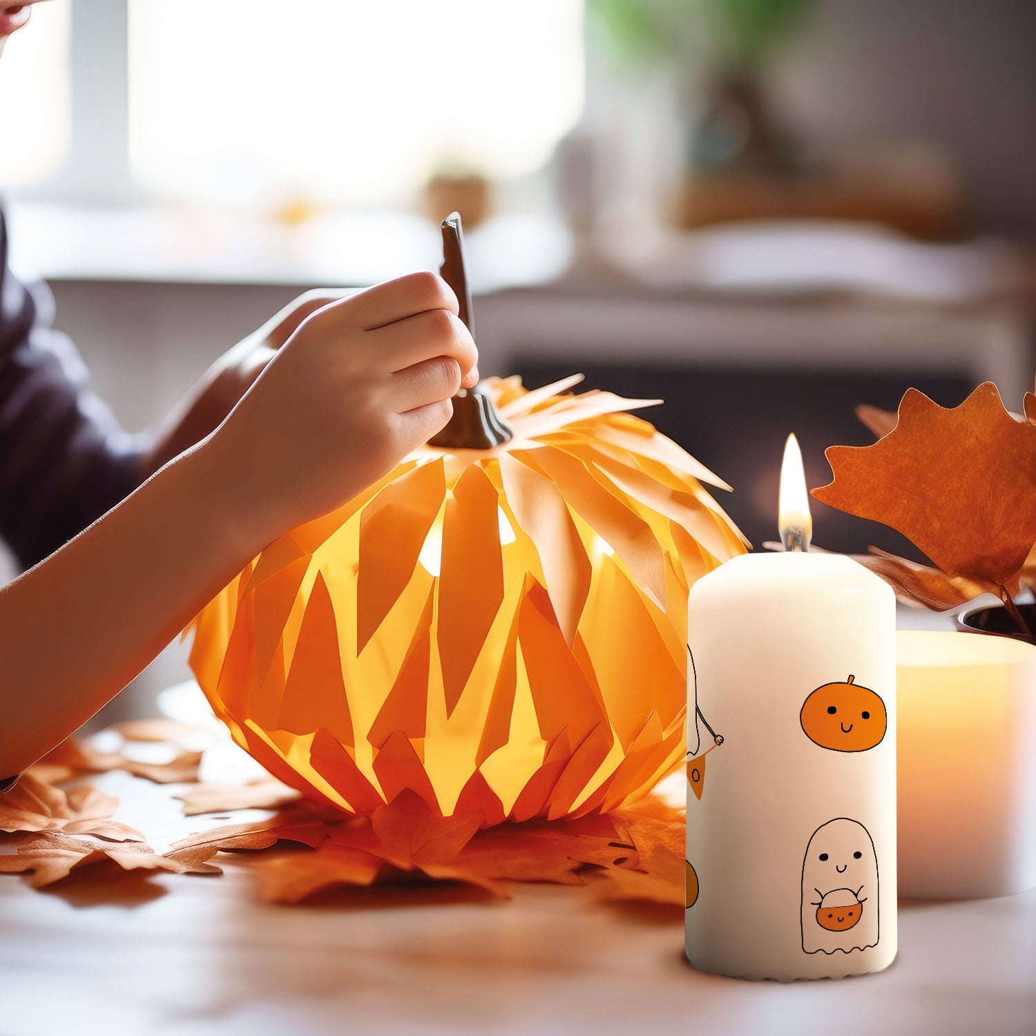 Halloween-Kerze Geister als Lichtakzent auf dem Partytisch