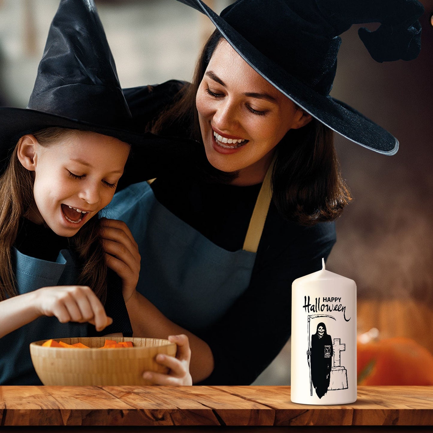 Halloween-Kerze mit Sensenmann-Motiv als Lichtdekoration