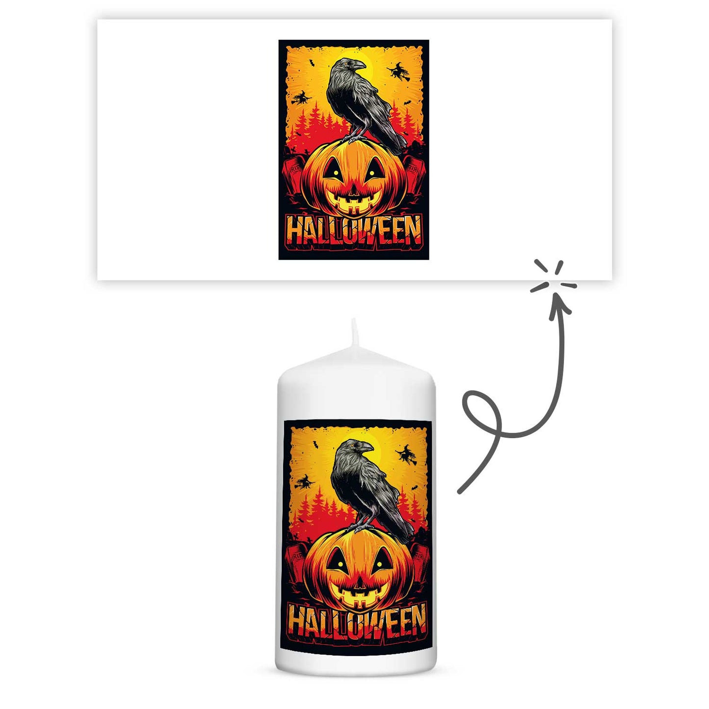 Halloween-Kerze Rabe und Kürbis 12 cm in Rundumansicht