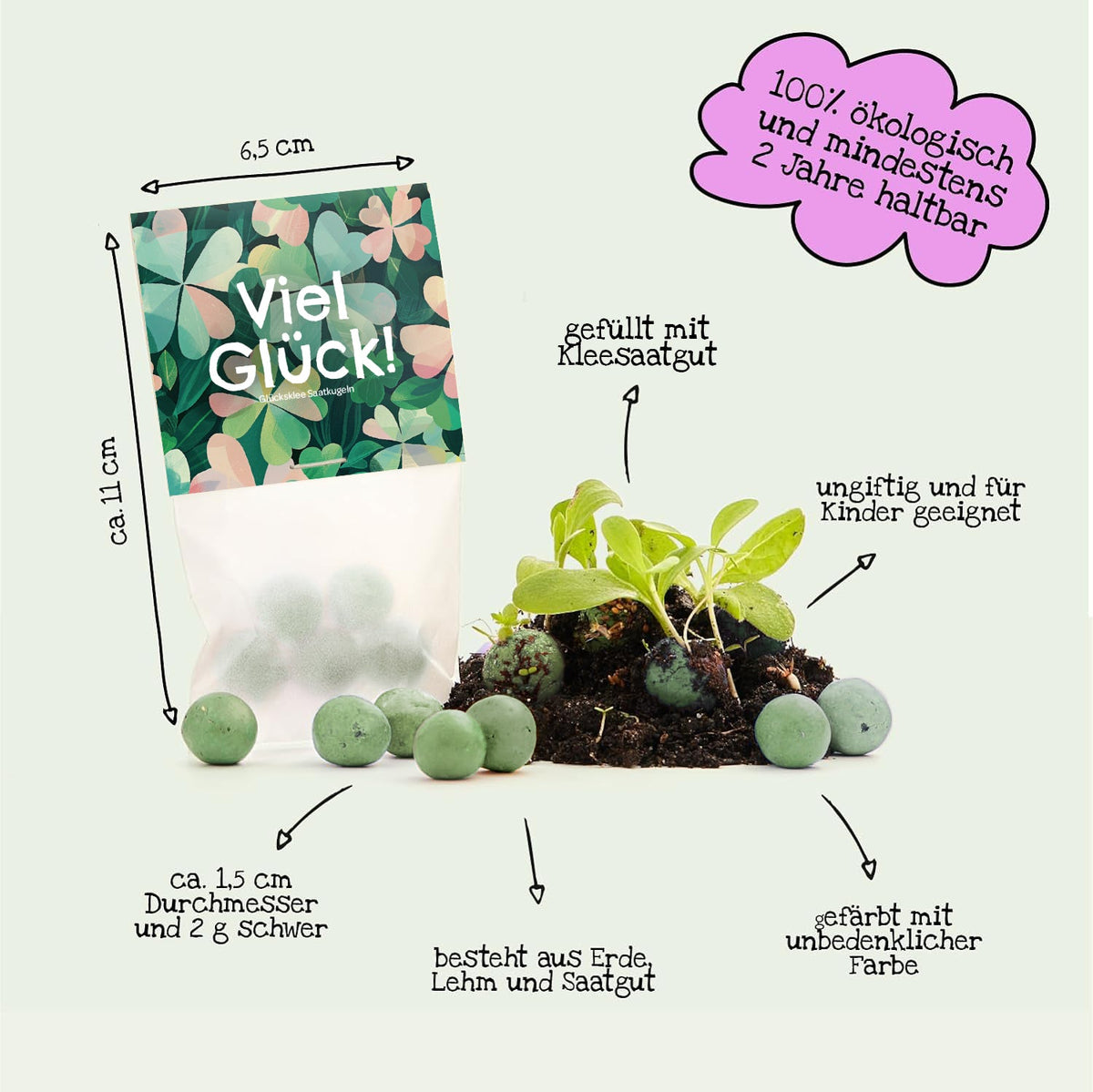 10×5 Blumenmurmeln „Viel Glück“ – Kleeblattmuster – weitere Produktansicht