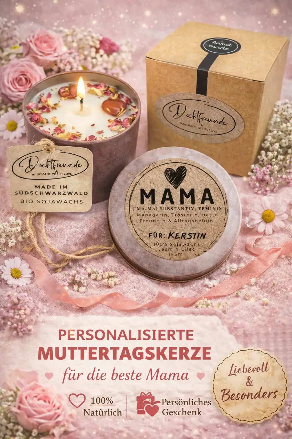 Personalisierte Muttertagskerze mit Namen | Geschenk für Mama, Oma & Uroma | 100% Sojawachs im Sketch-Look | Handgefertigt im Schwarzwald | Jasmin Lilac 175ml
