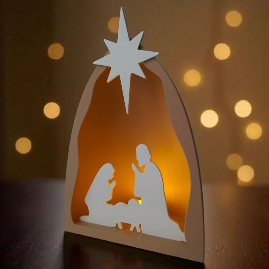 Moderne Weihnachtskrippe für Advent und Weihnachten mit sanftem Licht