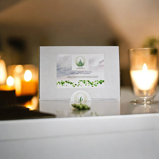 Räucherset "Natürliche Zeremonie - 7 Chakren" Weißer Salbei mit Rosenblüten, 5 Smudge-Sticks