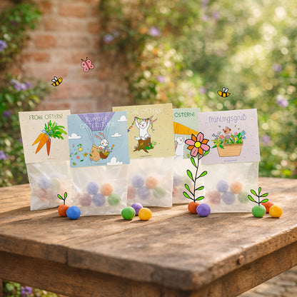 10 Oster-Geschenktütchen mit je 5 Wildblumen-Saatkugeln – Gesamtansicht des Sets