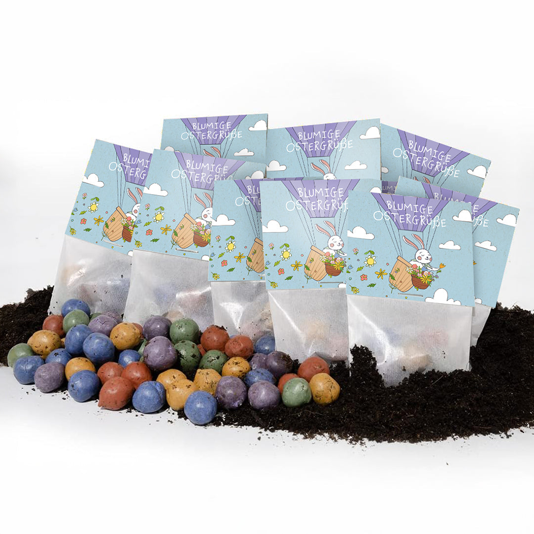 Blumige Ostergrüße – 10 Tütchen mit 50 Saatkugeln – Gesamtansicht des Sets