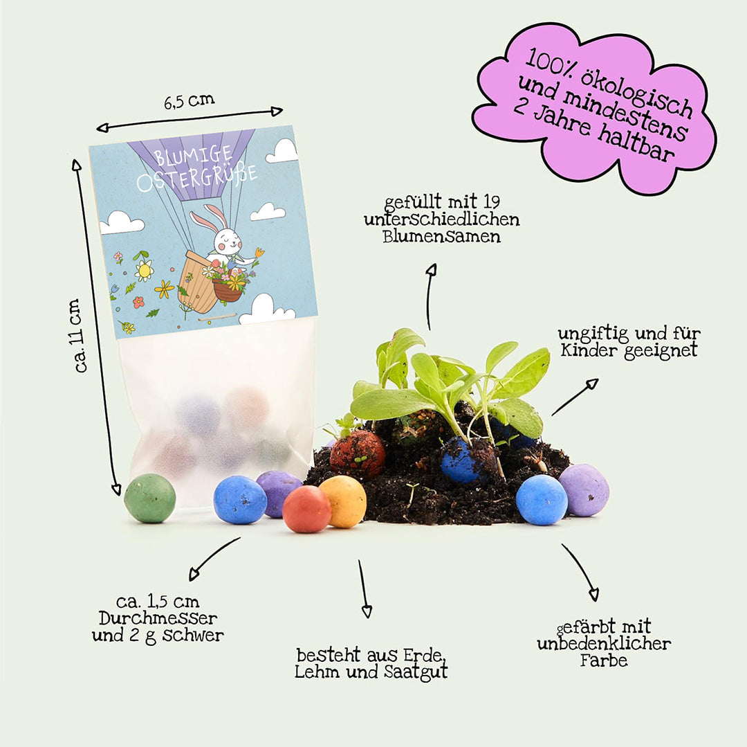 Blumige Ostergrüße – 10 Tütchen mit 50 Saatkugeln – Produktinformationen und Inhaltsangaben