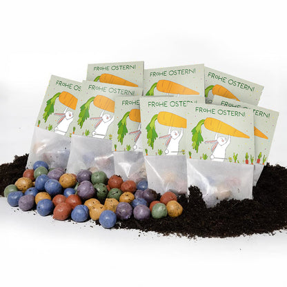 10 Ostergrüße Hase & Möhren – 50 Saatkugeln – Gesamtansicht des Sets