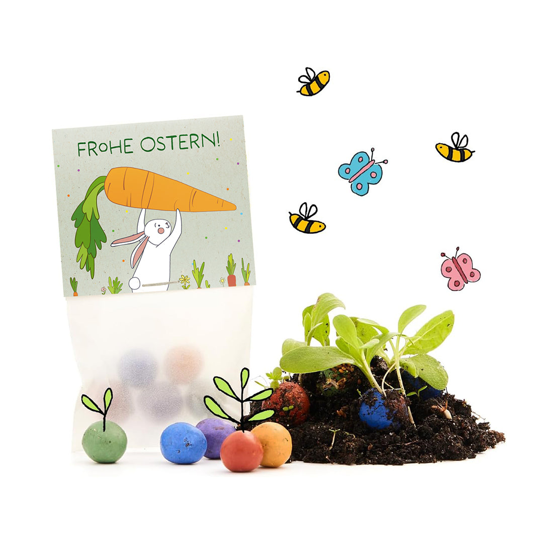 10 Ostergrüße Hase & Möhren – 50 Saatkugeln – Verpackung und Produkt im Freisteller