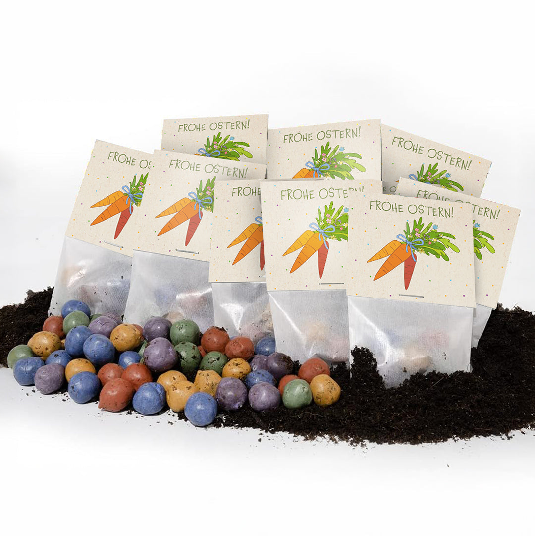 10 Oster-Tütchen „Frohe Ostern“ mit 50 Saatkugeln – Gesamtansicht des Sets
