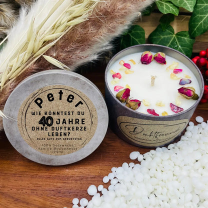 Jetzt Personalisieren Duftkerze „Wie konntest du 40 Jahre ohne Duftkerzen leben: Alles gute zum Geburtstag “  Nachhaltiges Geschenk aus dem Südschwarzwald