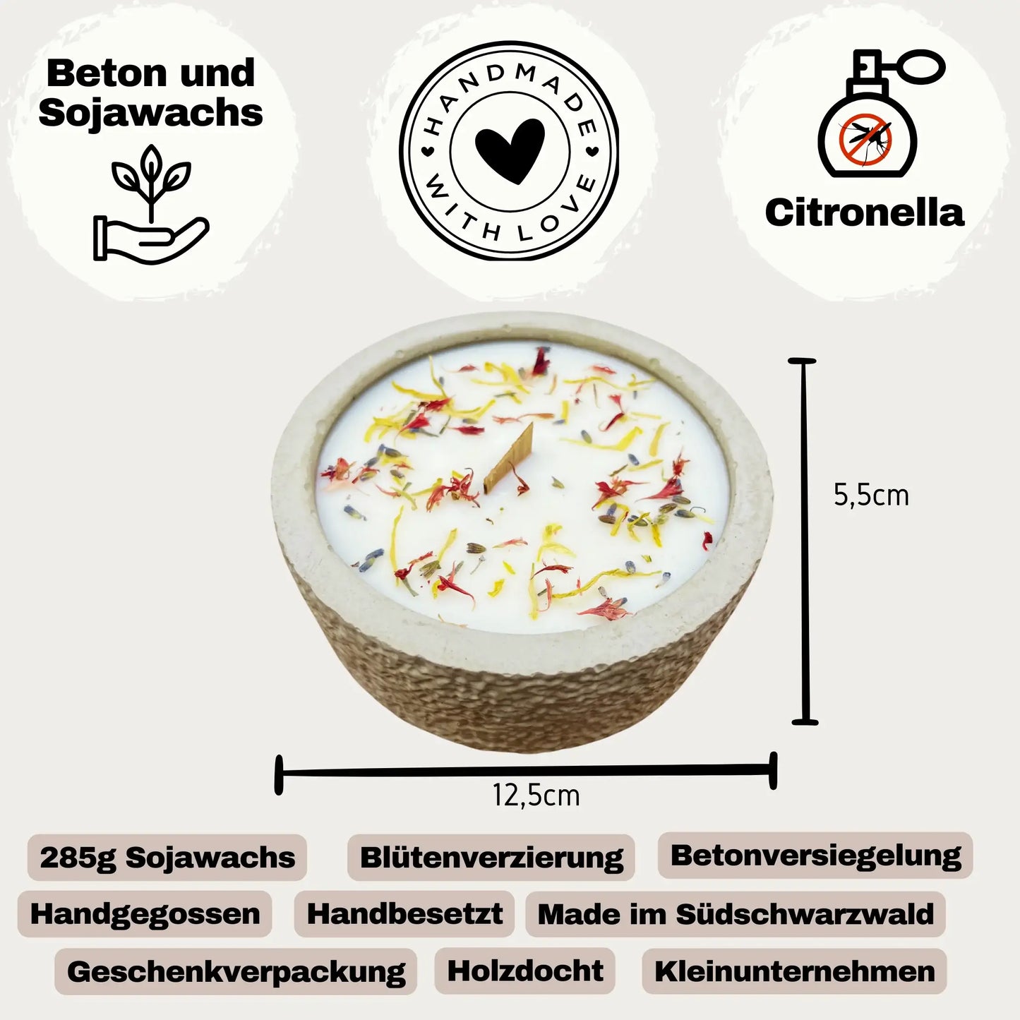 Handgemachte Citronella-Betonkerze „Mugge Schreck Abendruh“ – Outdoor-Kerze mit Duft, Schutz & Design aus dem Südschwarzwald - by SteinKunstWerk | Outdoor aus nachhaltiger Herstellung