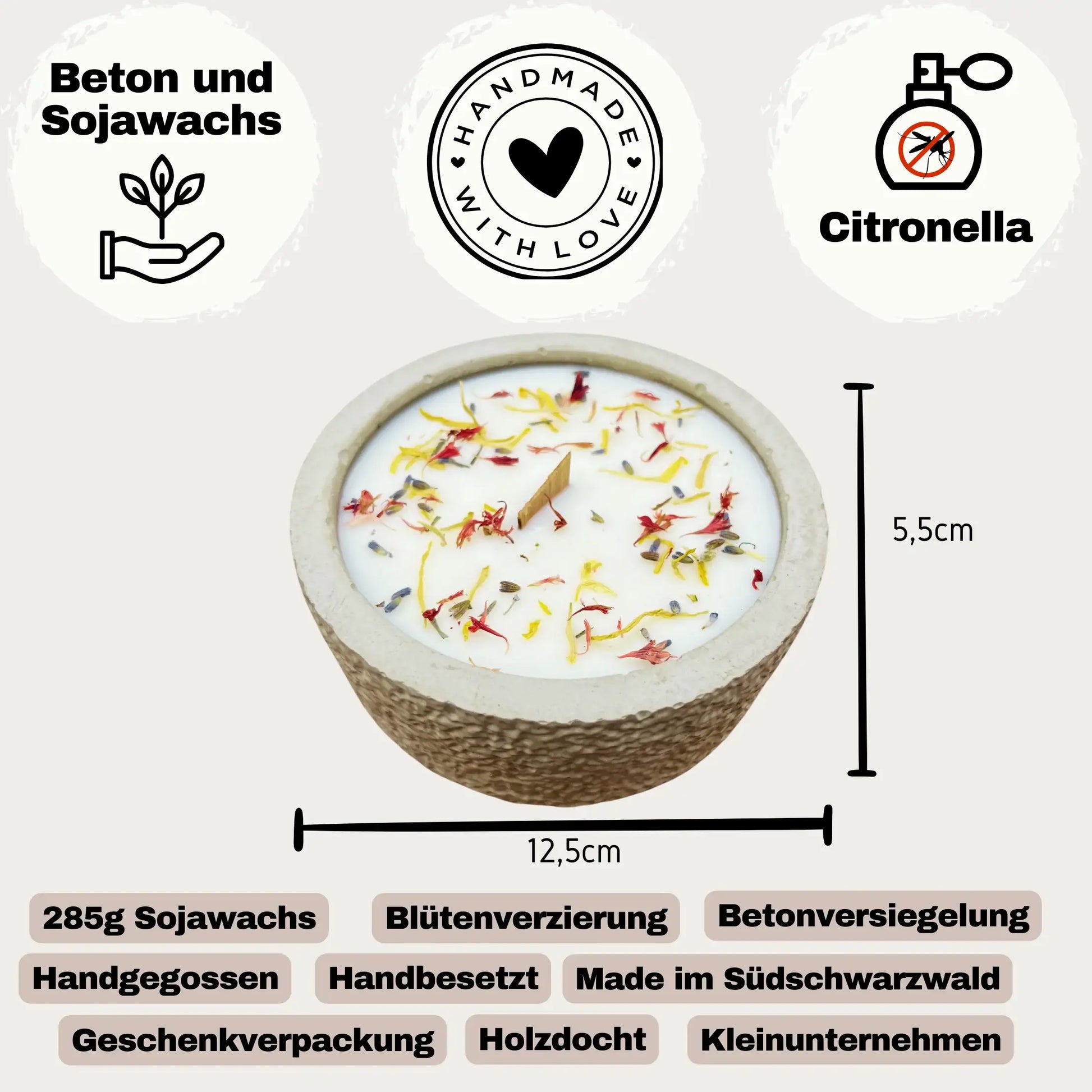 Handgemachte Citronella-Betonkerze „Mugge Schreck Abendruh“ – Outdoor-Kerze mit Duft, Schutz & Design aus dem Südschwarzwald - by SteinKunstWerk | Outdoor aus nachhaltiger Herstellung
