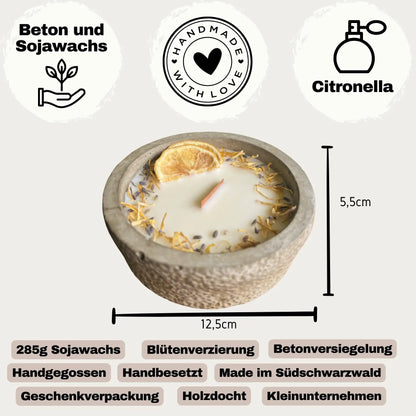 Handgemachte Citronella-Betonkerze „Mugge Schreck“ – 1 Holzdocht, ca. 1,0 kg, 40–60h Brenndauer, inkl. Betondeckel - by SteinKunstWerk | Outdoor aus nachhaltiger Herstellung