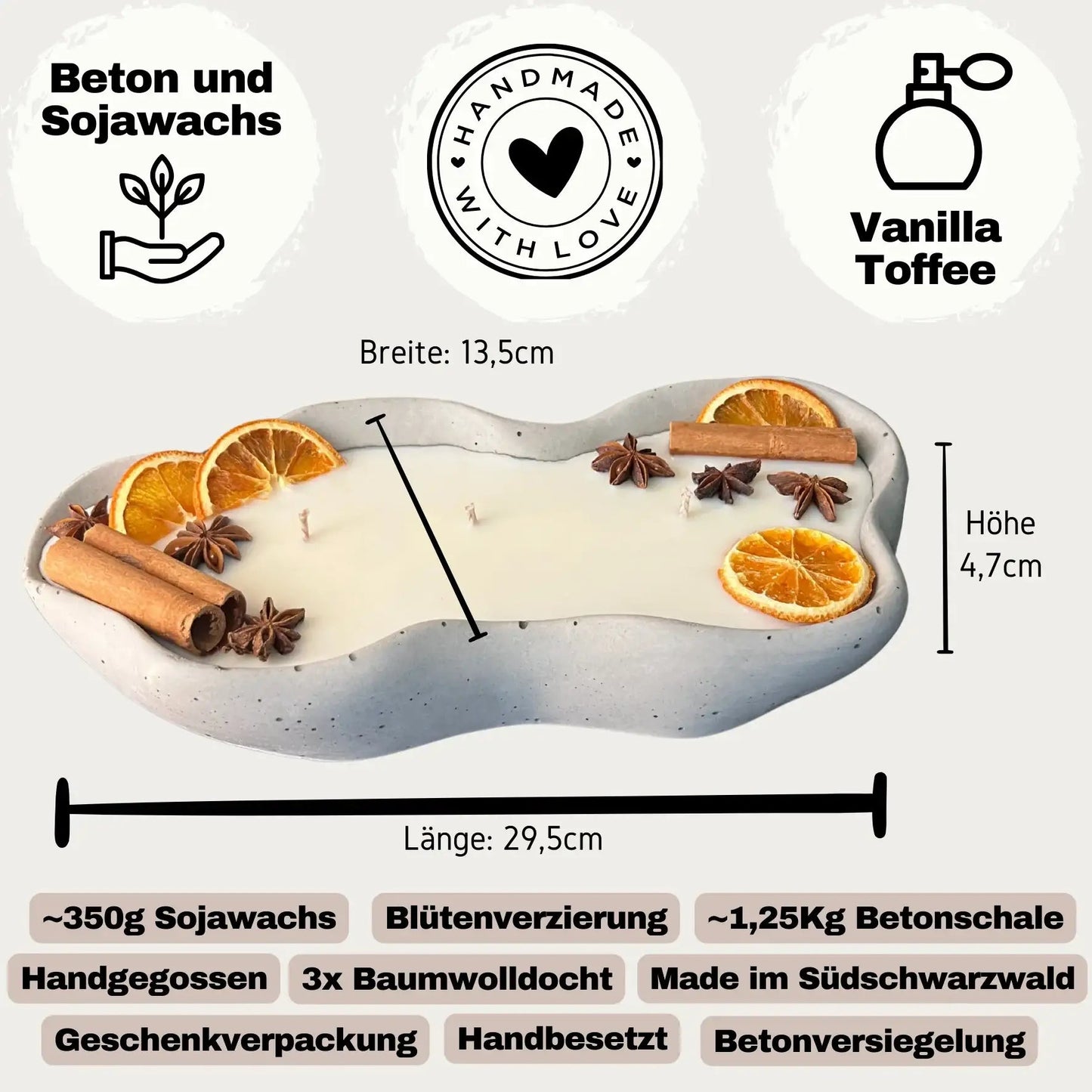 Drei-Docht Beton-Duftkerze Wave Schwarz mit warmem Vanille-Toffee Duft