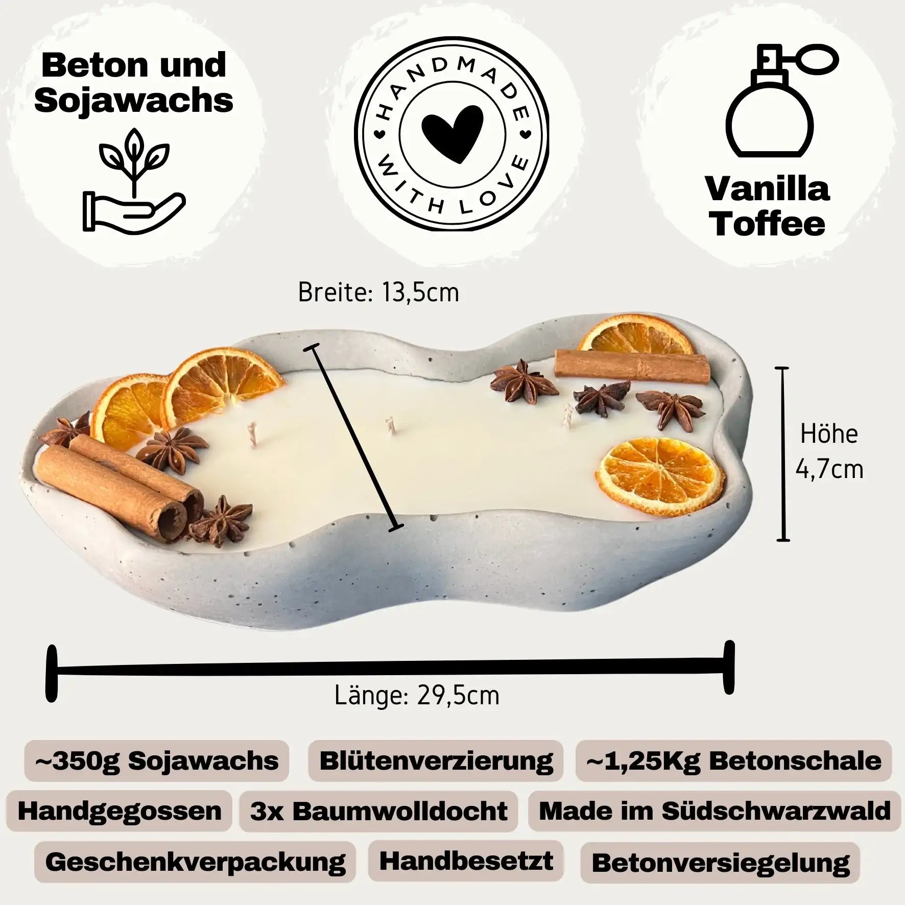Drei-Docht Beton-Duftkerze Wave Schwarz mit warmem Vanille-Toffee Duft