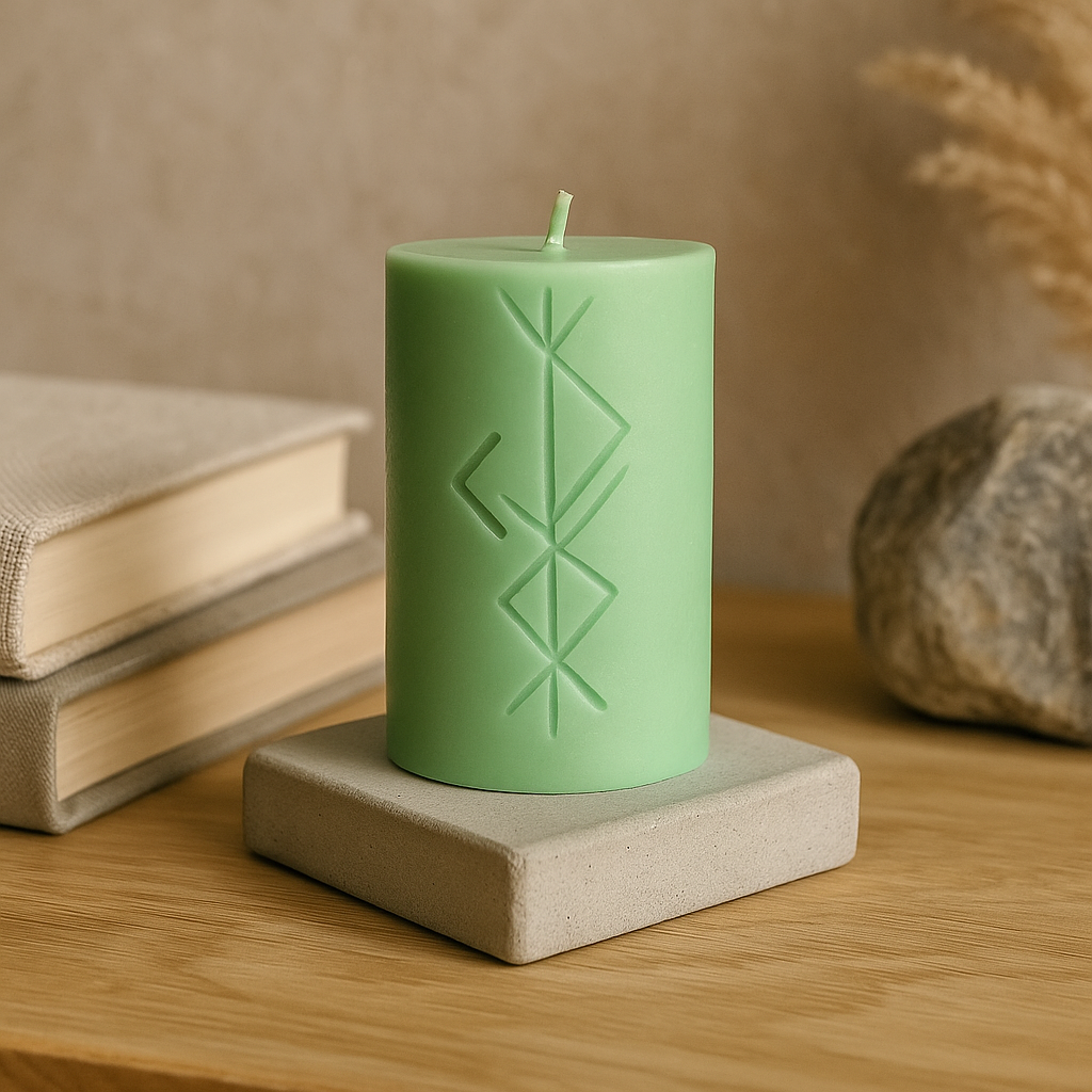 Grüne Freyr-Runenkerze mit nordischer Prägung – Ritualkerze aus Sojawachs für Wohlstand, Fülle und spirituelle Rituale.