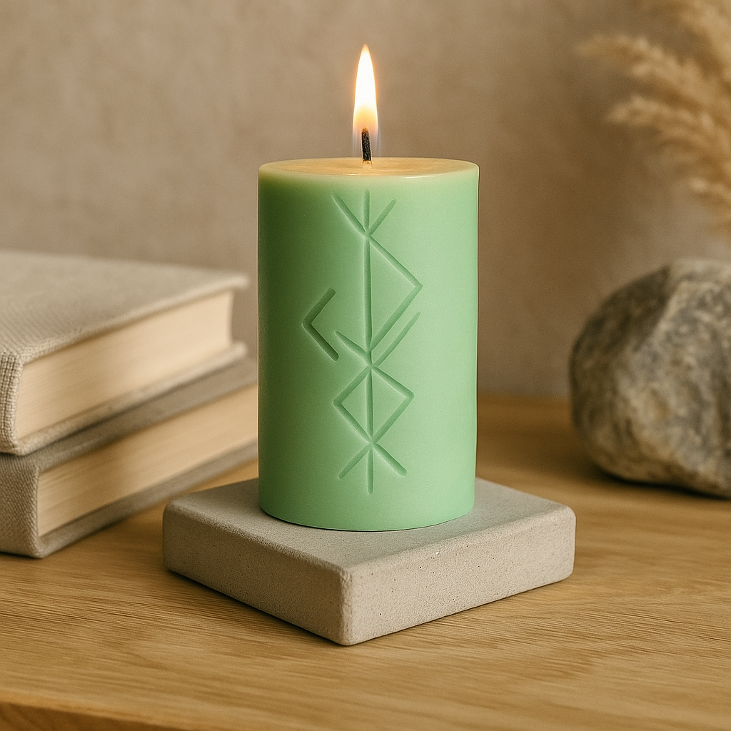 Grüne Freyr-Runenkerze mit nordischer Prägung – Ritualkerze aus Sojawachs für Wohlstand, Fülle und spirituelle Rituale.
