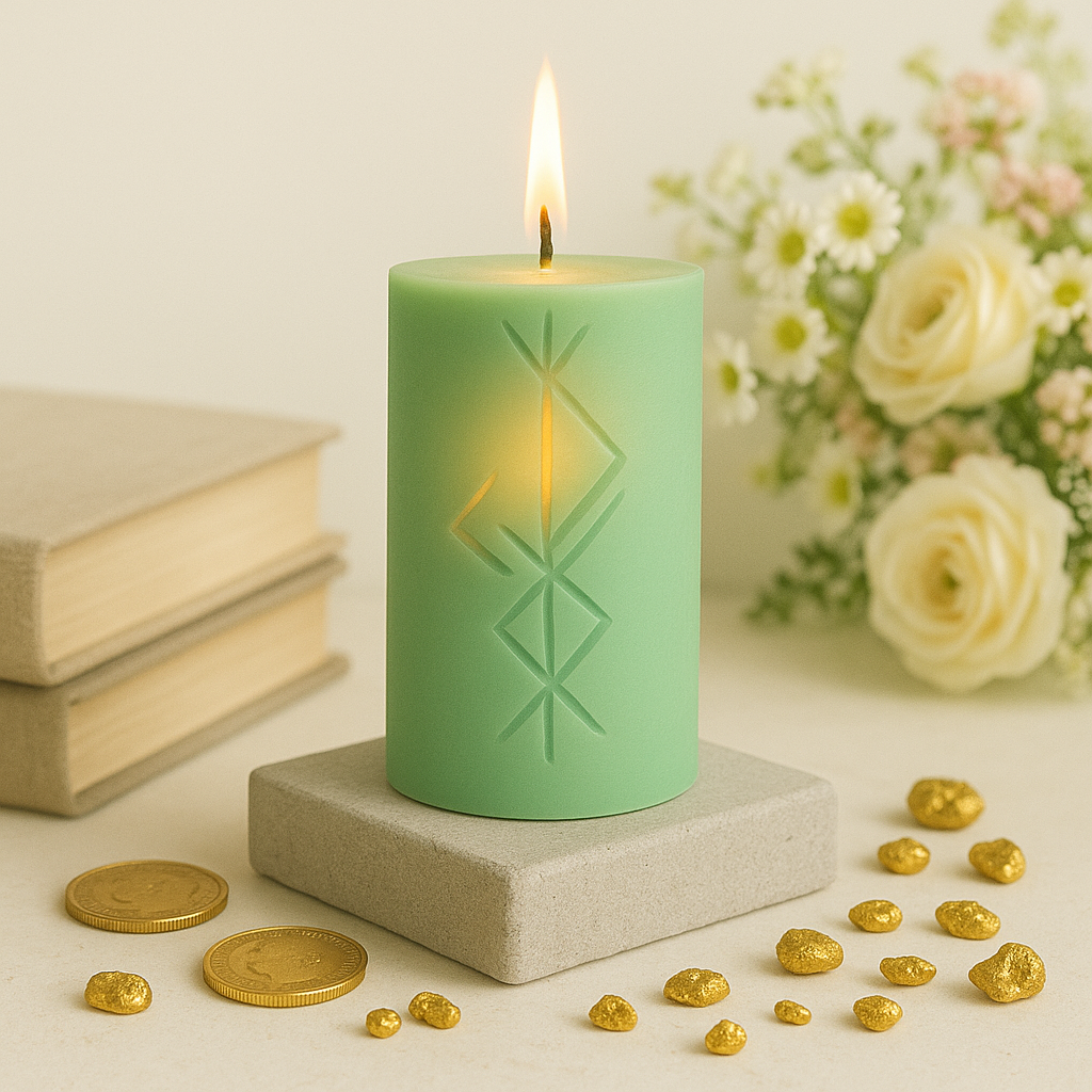 Grüne Freyr-Runenkerze mit nordischer Prägung – Ritualkerze aus Sojawachs für Wohlstand, Fülle und spirituelle Rituale.