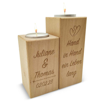 Teelichthalter-Set Hand in Hand – Seitenansicht aus Naturholz