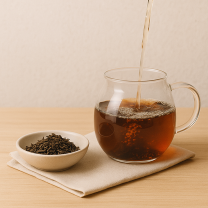 Shou Pu Erh Tee – fermentierte Teeblätter aus Yunnan, warm serviert und stimmungsvoll in Szene gesetzt.