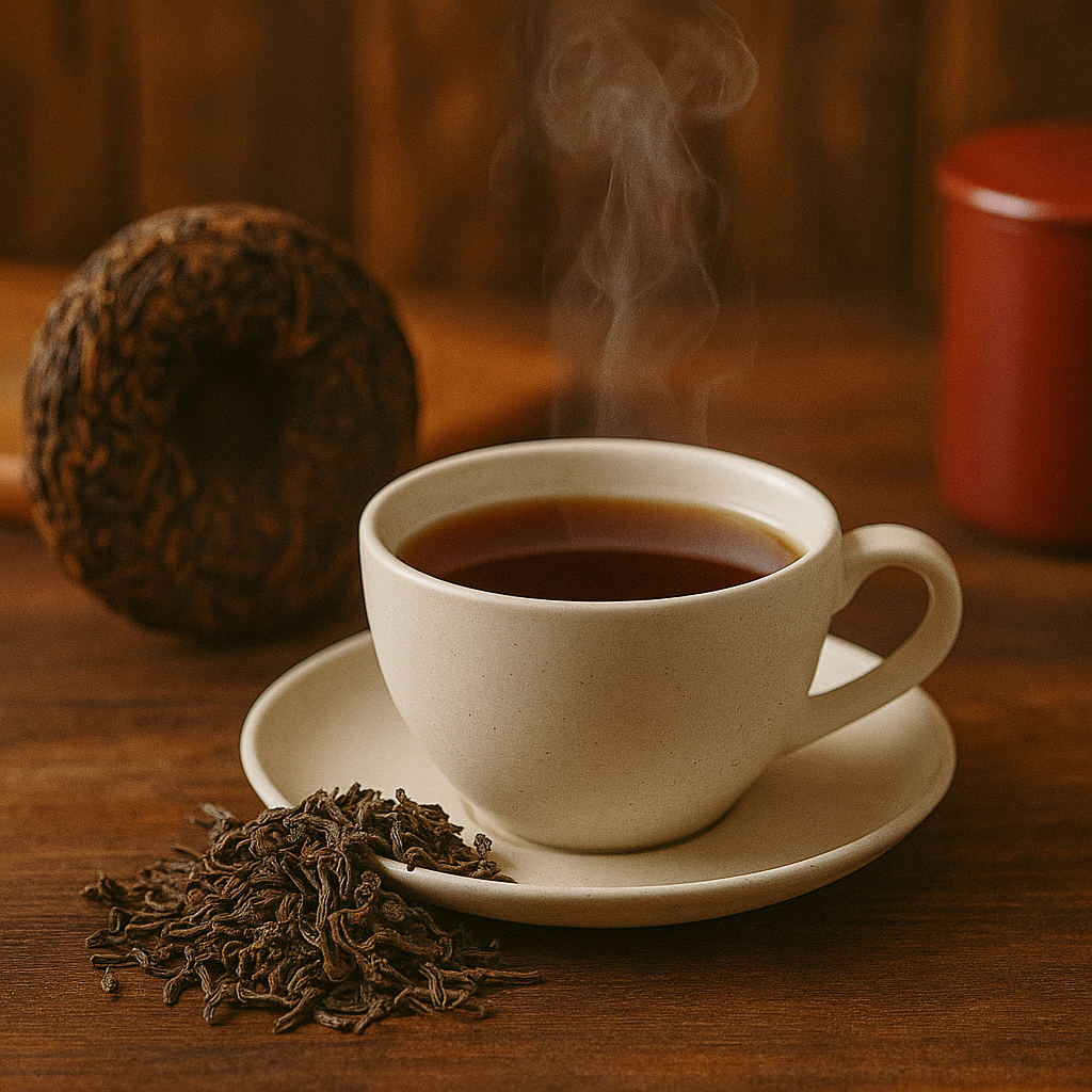 Shou Pu Erh Tee – fermentierte Teeblätter aus Yunnan, warm serviert und stimmungsvoll in Szene gesetzt.