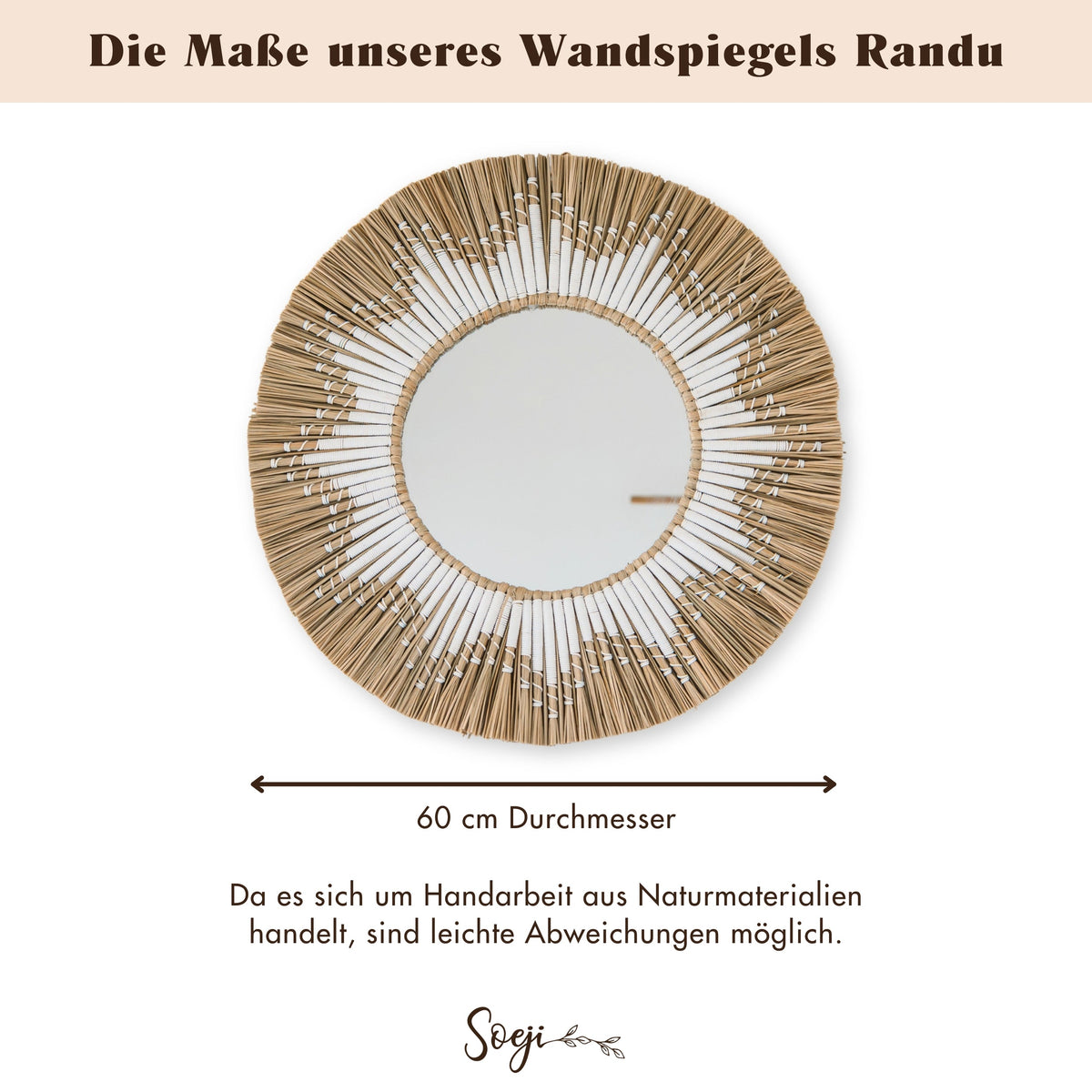 Größen- und Maßübersicht für Soeji Wandspiegel RANDU aus Seegras