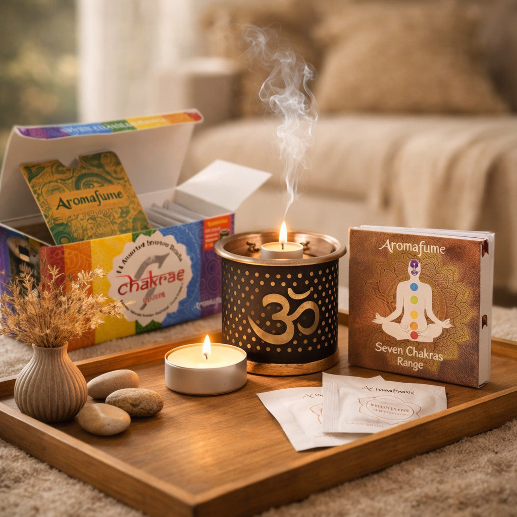Chakra Weihrauch Ritual Set in Anwendung mit brennendem Teelicht und aufsteigendem Rauch in ruhiger Wohnatmosphäre