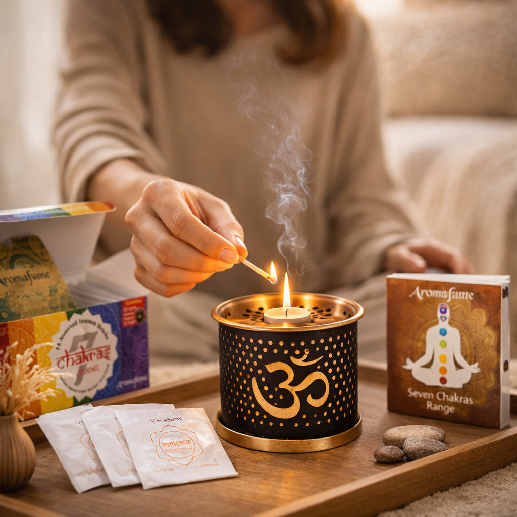 Chakra Weihrauch Ritual Set in Anwendung mit brennendem Teelicht und aufsteigendem Rauch in ruhiger Wohnatmosphäre