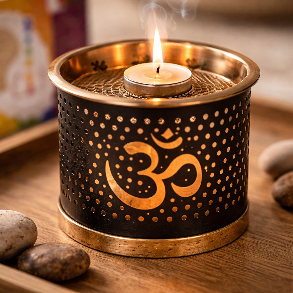 Chakra Weihrauch Ritual Set in Anwendung mit brennendem Teelicht und aufsteigendem Rauch in ruhiger Wohnatmosphäre
