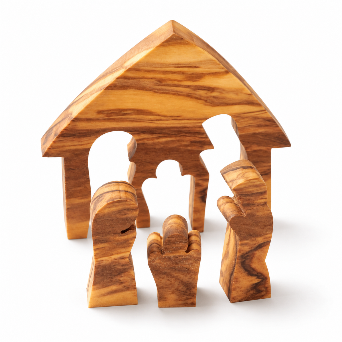 Mini-Krippe aus Olivenholz als 6,5-cm-Puzzle – freigestellte Ansicht der Krippenszene mit drei Figuren