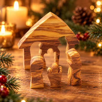 Kleine Olivenholz-Weihnachtskrippe als Adventsdekoration mit Tannengrün und Kerzenlicht