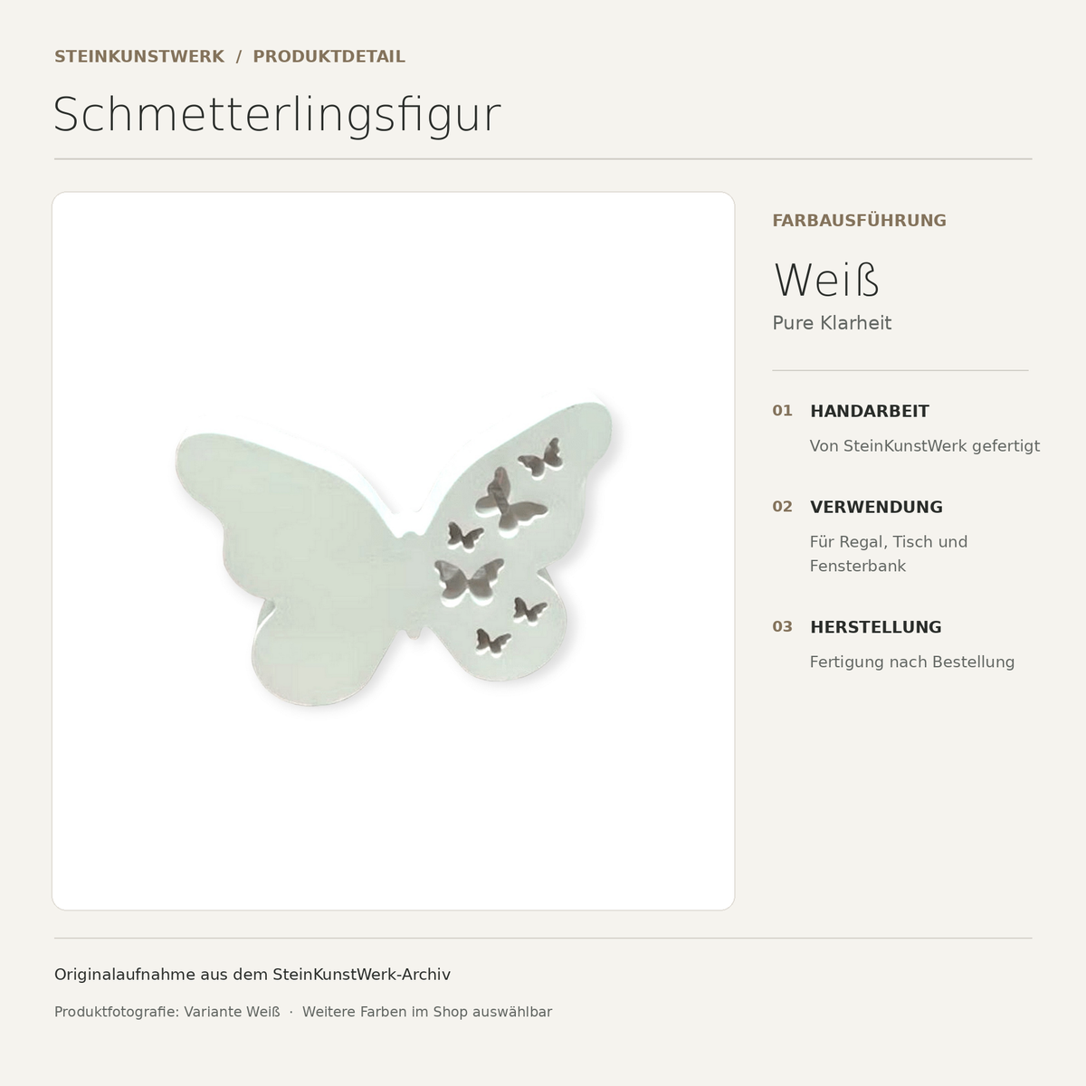 Schmetterlingsfigur in Weiß – Originalfoto von SteinKunstWerk mit Hinweisen zu Handarbeit, Verwendung und Fertigung auf Bestellung