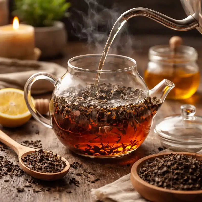 Vorbereitung von Tee – lose Teeblätter werden mit einem Holzlöffel in eine Glaskanne gefüllt, stimmungsvolle Szene für bewussten Teegenuss.