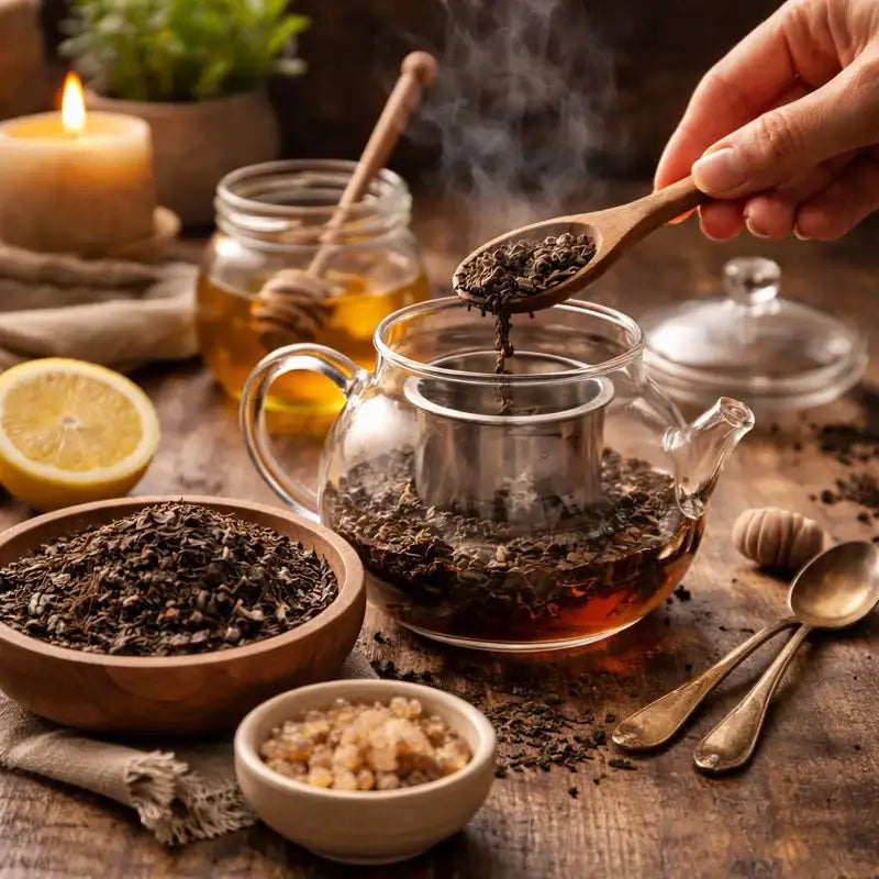 Vorbereitung von Tee – lose Teeblätter werden mit einem Holzlöffel in eine Glaskanne gefüllt, stimmungsvolle Szene für bewussten Teegenuss.