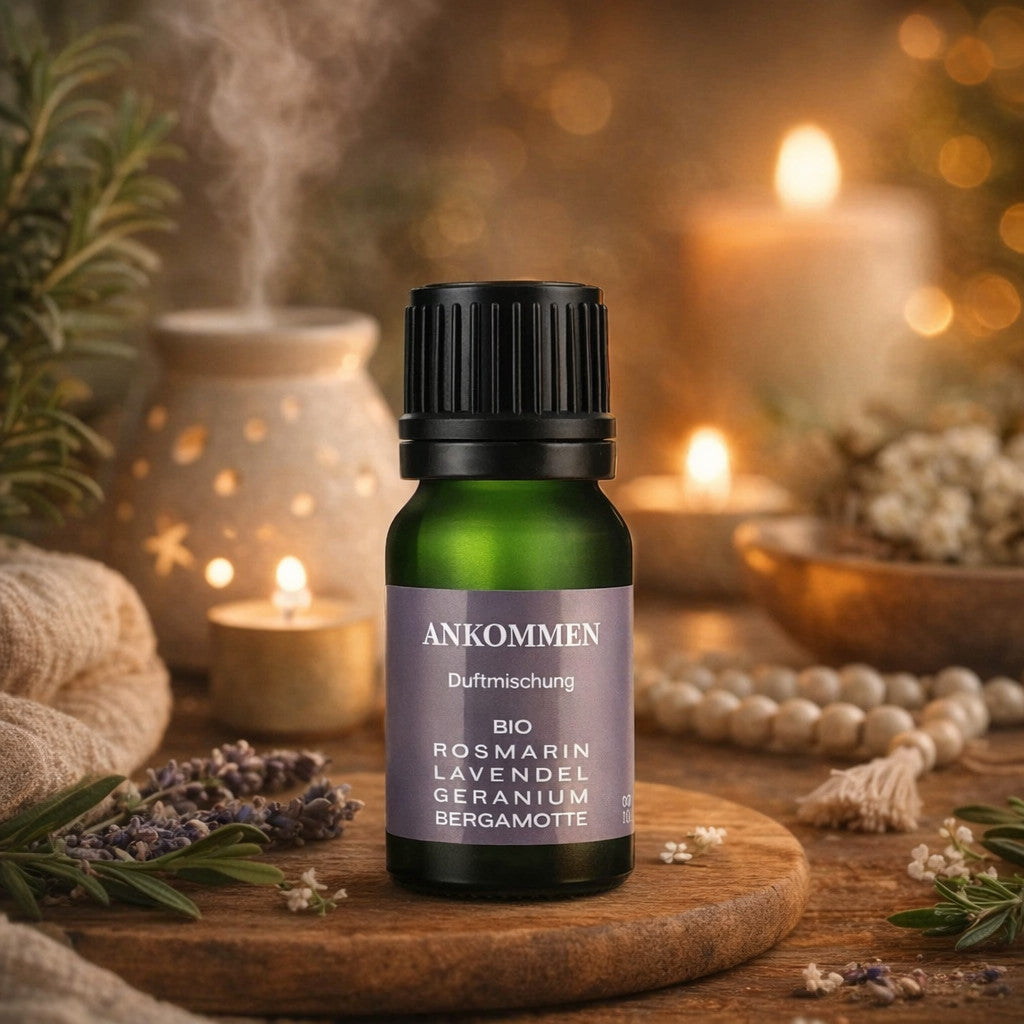 Bio Duftöl Ankommen 10ml mit Lavendel, Bergamotte und Rosmarin – naturreine Duftmischung im grünen Glasflakon