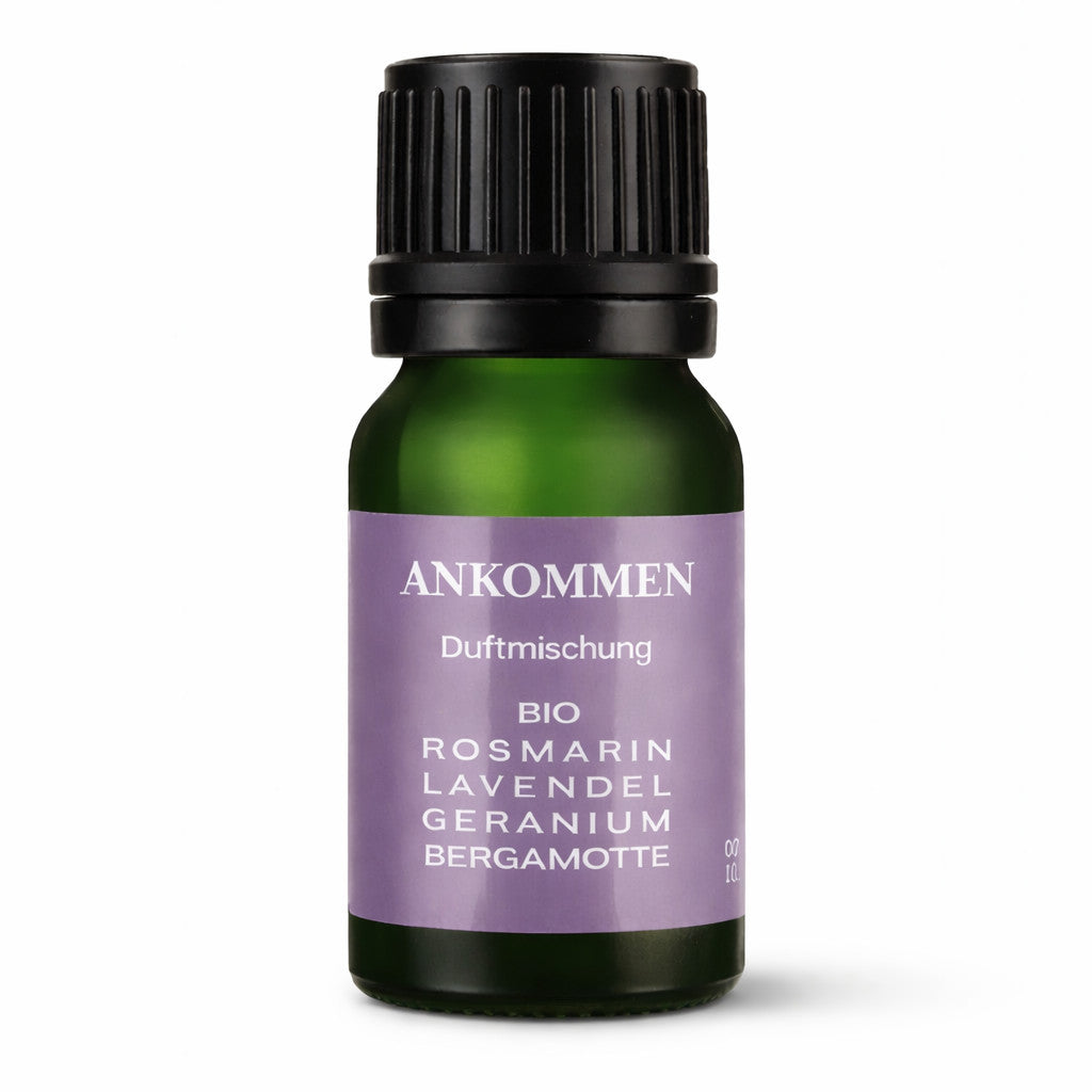 Bio Duftöl Ankommen 10ml mit Lavendel, Bergamotte und Rosmarin – naturreine Duftmischung im grünen Glasflakon