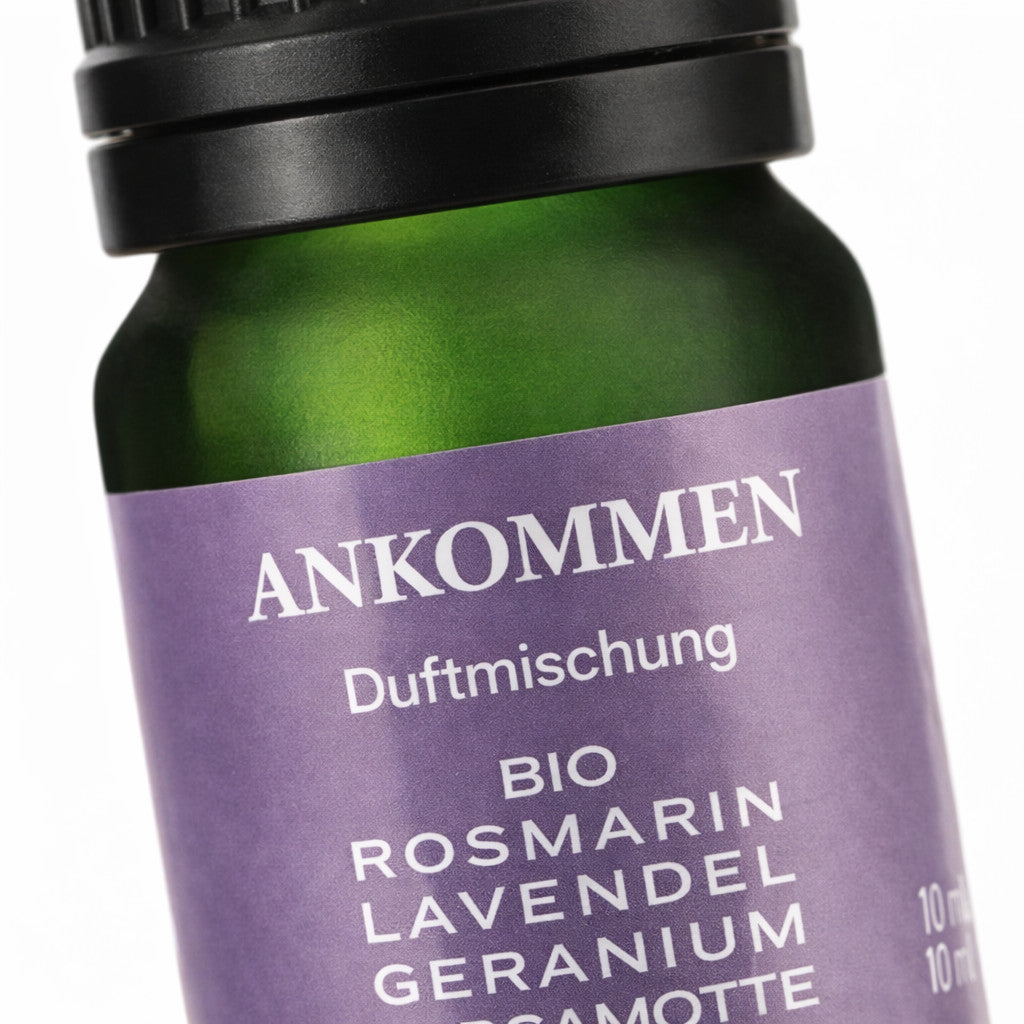 Bio Duftöl Ankommen 10ml mit Lavendel, Bergamotte und Rosmarin – naturreine Duftmischung im grünen Glasflakon