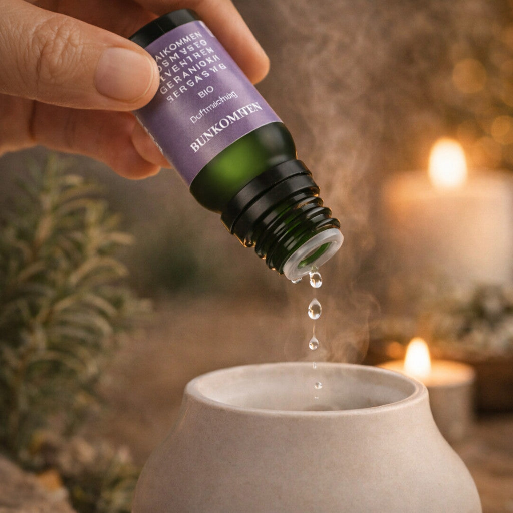 Bio Duftöl Ankommen 10ml mit Lavendel, Bergamotte und Rosmarin – naturreine Duftmischung im grünen Glasflakon