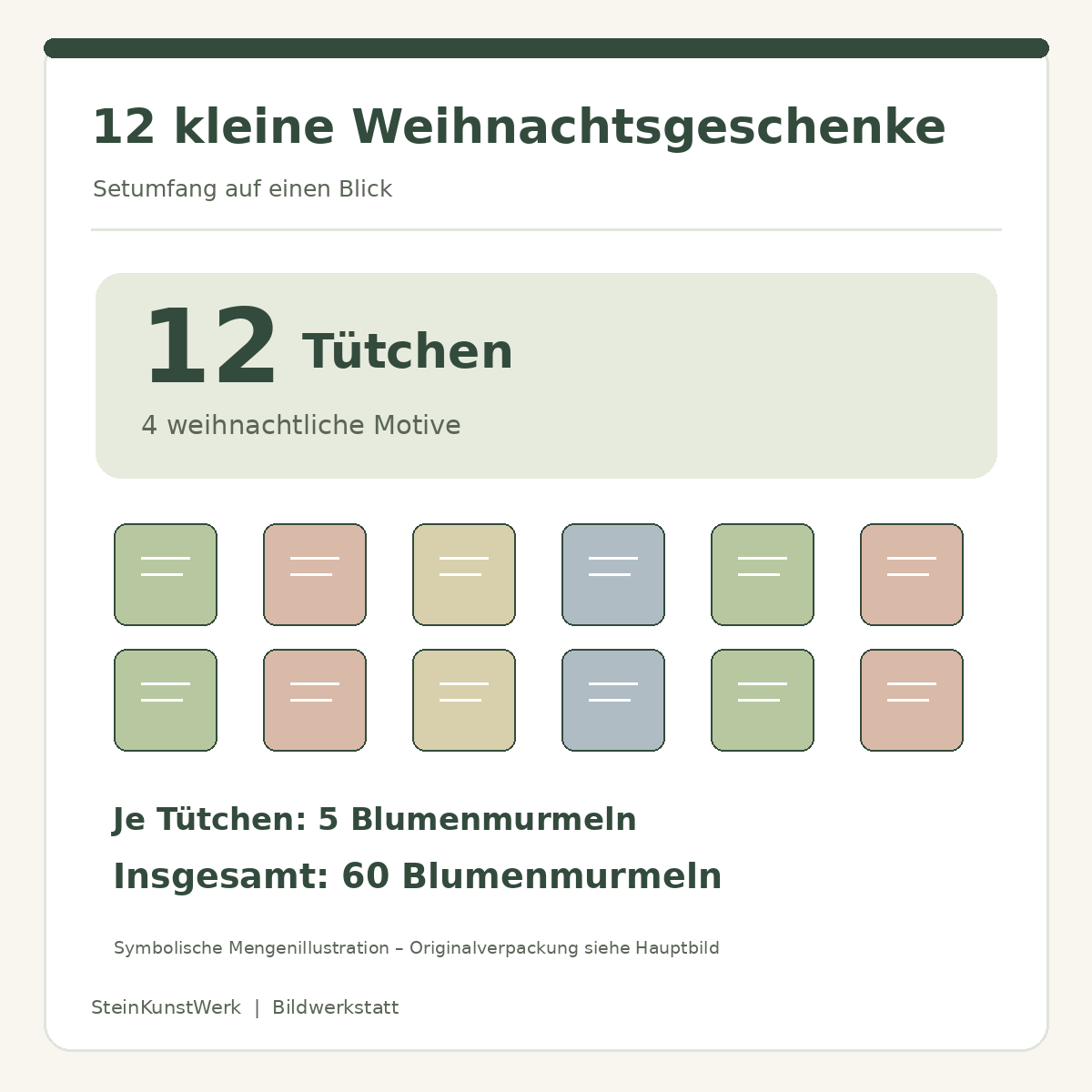 12 Weihnachts-Tütchen zu je 5 Blumenmurmeln – 60 Saatkugeln insgesamt, schematische Mengenübersicht
