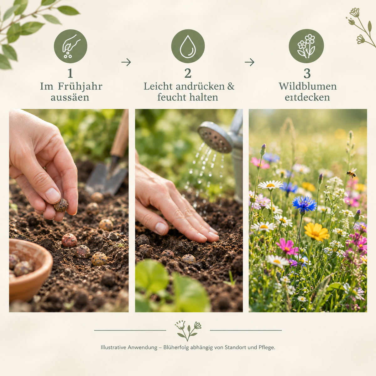 Aussaat von Blumenmurmeln im Frühjahr, andrücken und feucht halten – illustrative KI-Darstellung