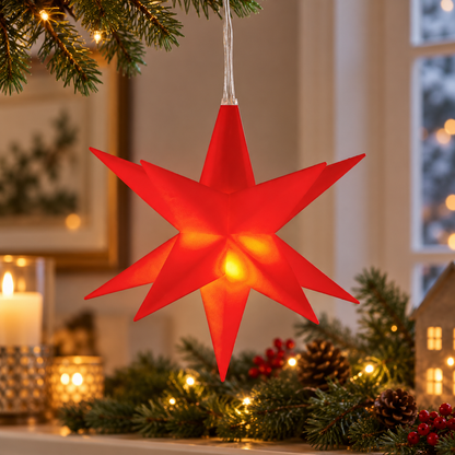 Roter LED-Weihnachtsstern in weihnachtlicher Dekoration – KI-Visualisierung