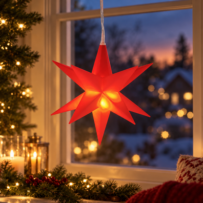 Roter LED-Weihnachtsstern am Fenster – KI-Visualisierung