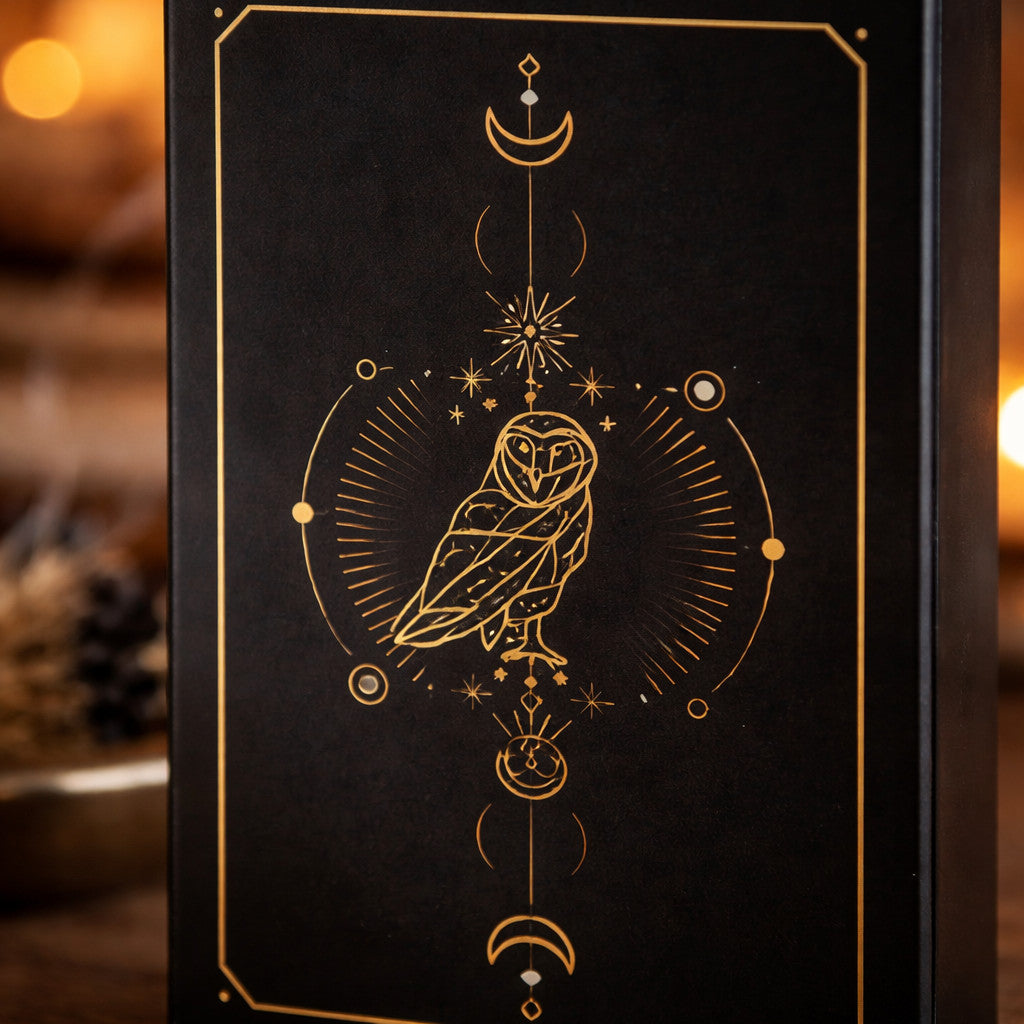 Ritual Set mit schwarzen Kerzen und Streichhölzern in der Hand gehalten – Größenvergleich, Eulen-Design, stimmungsvolle Kerzenatmosphäre