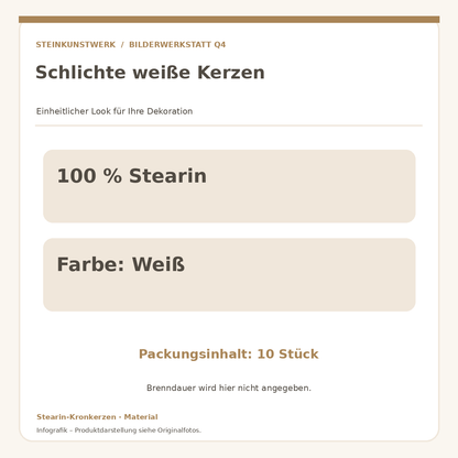 Weiße Kronkerzen aus 100 Prozent Stearin – Material und Farbe