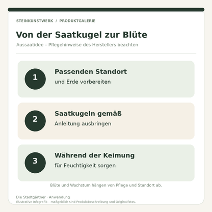 Anwendungshinweise für Saatkugeln: Standort vorbereiten, nach Anleitung ausbringen und feucht halten