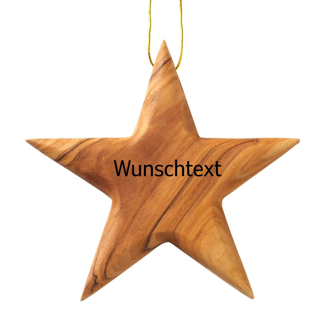 Olivenholz-Stern 8 cm mit Gravur – Baumanhänger